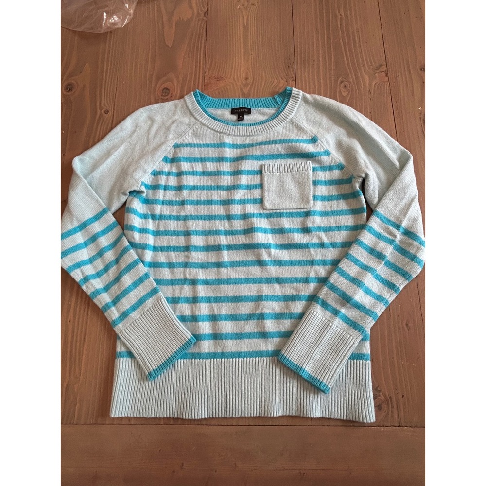 A21 Talbots Womens XS Blue Striped Crewneck‎ Sweater Raglan Long Sleeve